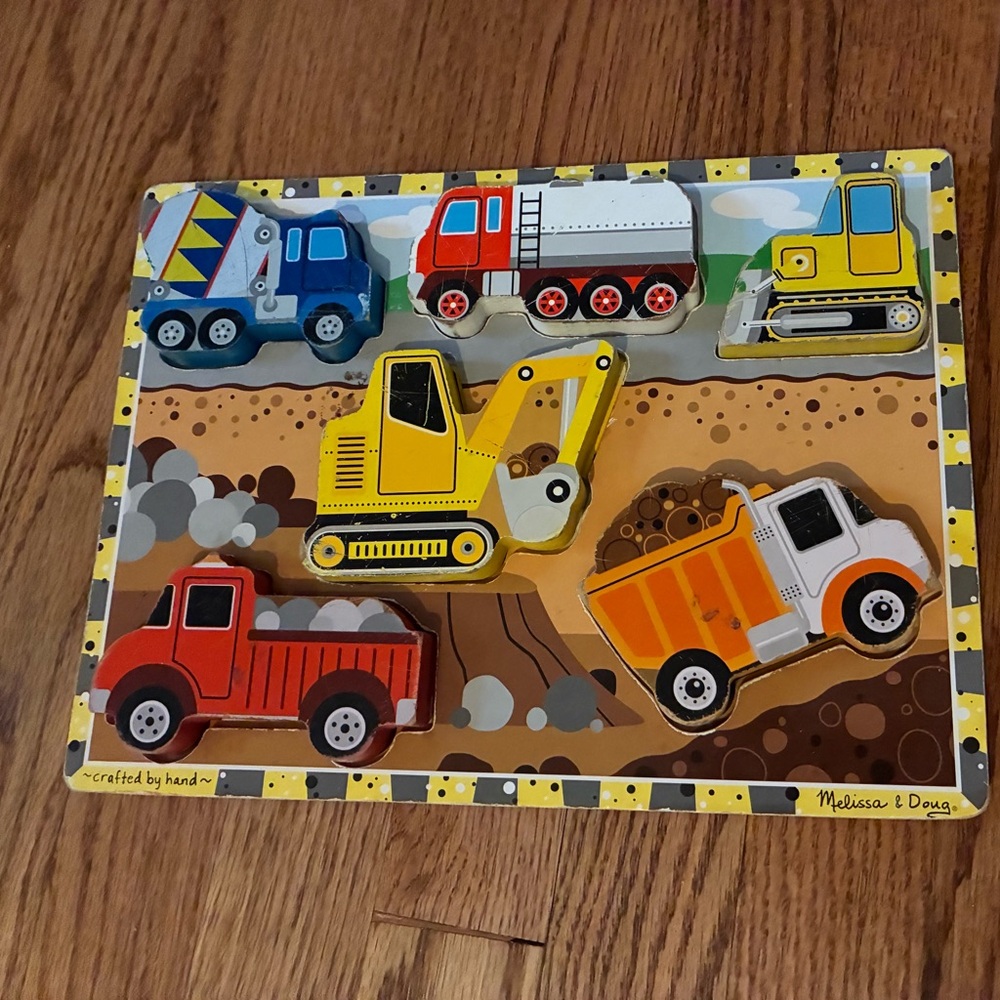 Melissa & Doug Construction Trucks Wooden Puzzle - Yellow, Red, Orange, Blue